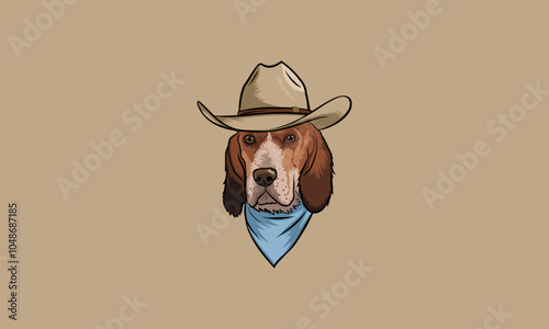 Cowboy Beagle Dog with Hat and Blue Bandana Portrait