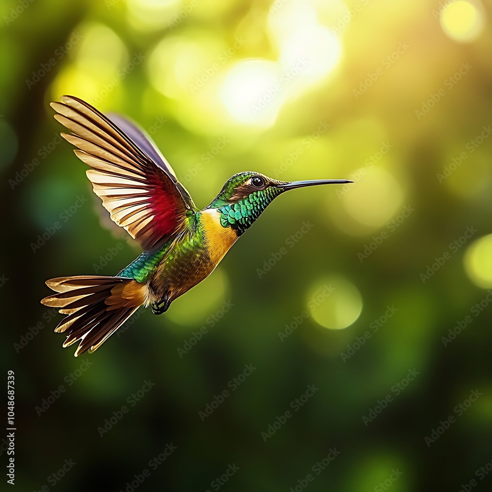 Fototapeta premium Hummingbird gracefully flies against the lush green forest backdrop.
