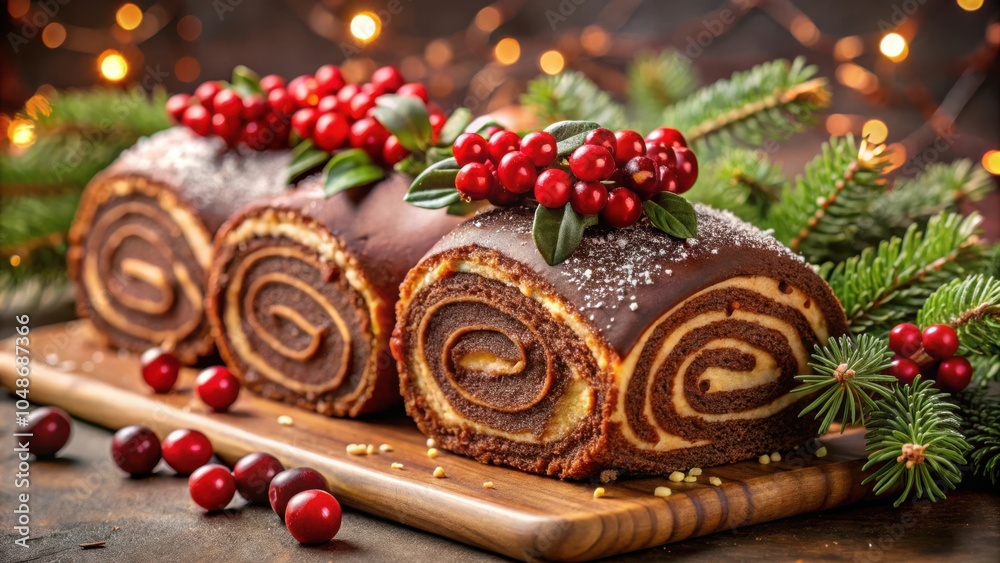 Chocolate Yule Log Cake Decorated with Berries and Pine Sprigs on a Wooden Cutting Board Chocolate Yule Log Cake Decorated with Berries and Pine Sprigs on a Wooden Cutting Board