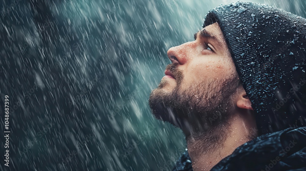 Fototapeta premium Man with a rainsoaked face, looking up at the stormy sky, seeking solace