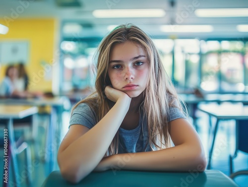 portrait of a bored caucasian female student in a classroom, her tired expression contrasting with the vibrant educational environment, encapsulating themes of youth and disengagement