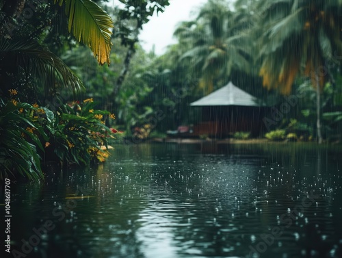 raindrops softly ripple on a tranquil pond, with a charming bungalow nestled in a lush green jungle, creating an idyllic atmosphere of nature's soothing embrace