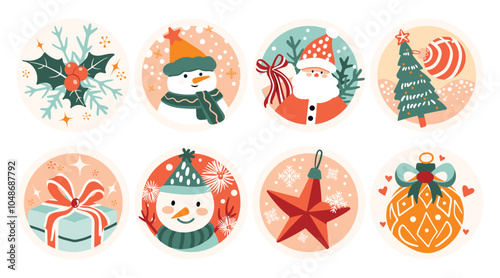 Set of isolated Christmas and New Year label in cute doodle style on transparent background. Volume 2 : Pastel red, green and pink tone colors.