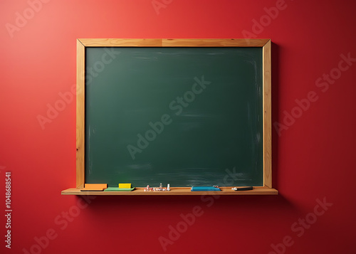 Chalkboard has a red background typically used for teaching purposes in classrooms around the world daily. photo