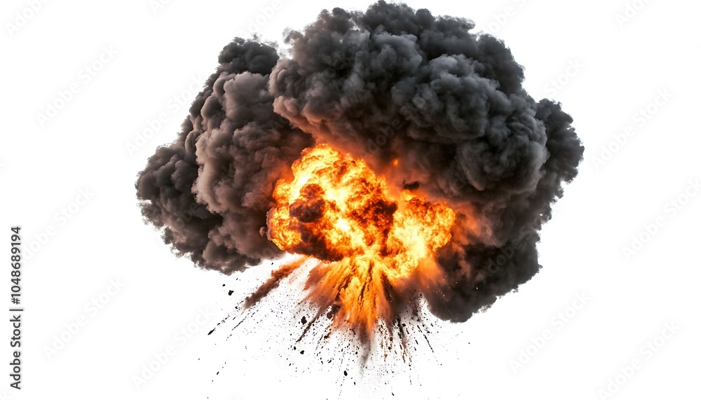 A dramatic explosion with dark smoke and flames against a white background.