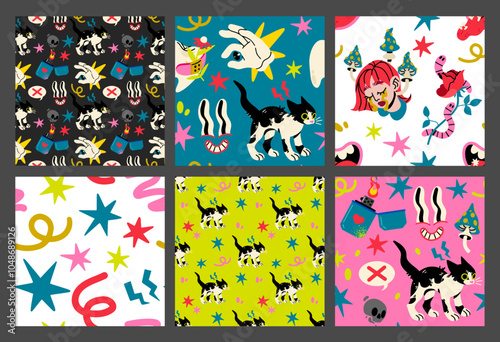 Vector Psychedelic seamless patterns. Retro faces smiling, a girl with mushrooms, a funny cat, a lighter, worms on a rose, a groovy daisy, a tooth, an eye with gloved hands.