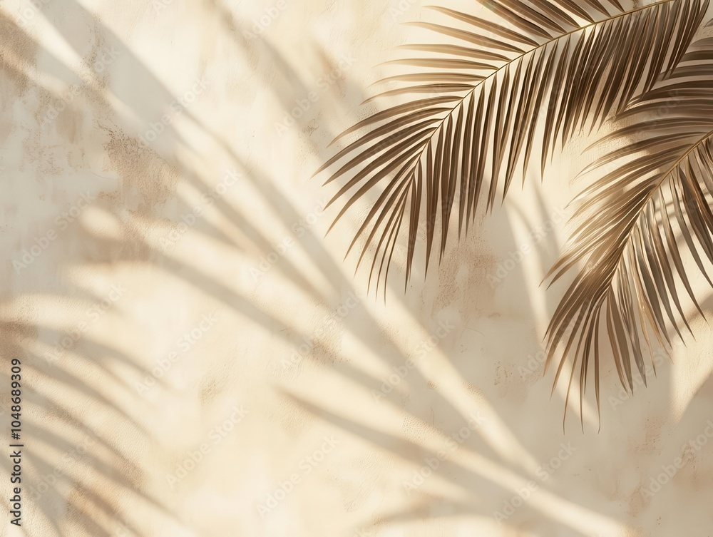 Obraz premium shadows of palm leaves gracefully dancing on a light beige concrete wall, casting intricate patterns, creating a serene tropical ambiance, evoking a sense of relaxation and connection with nature
