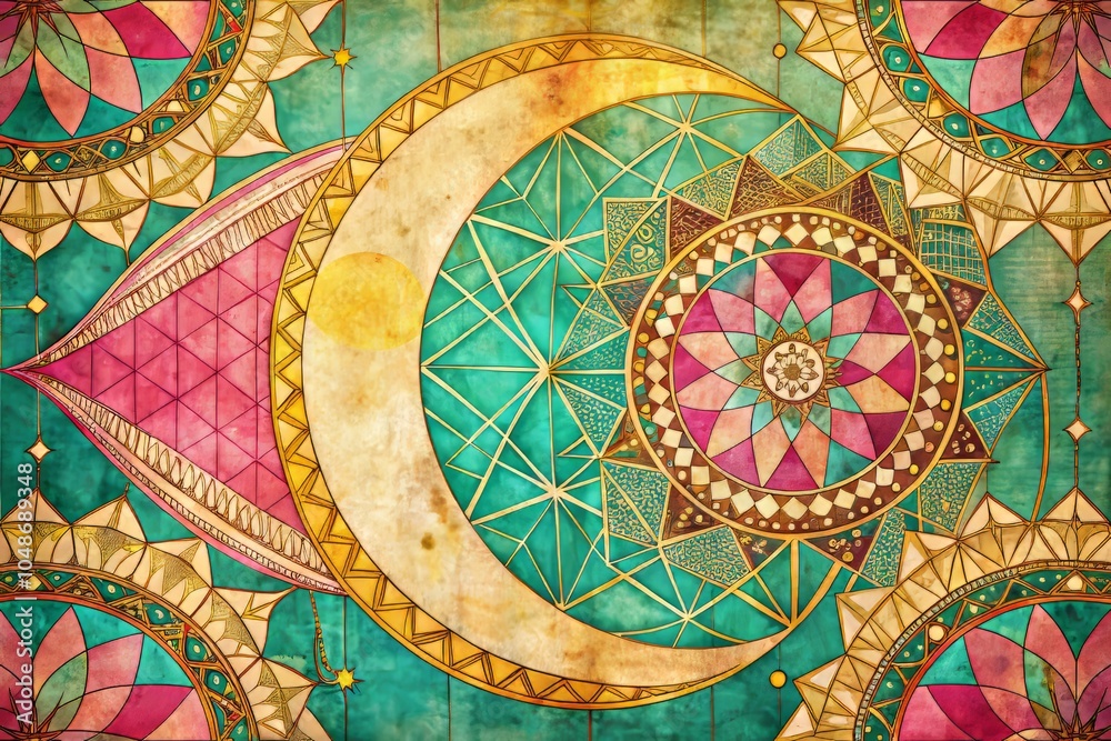 Fototapeta premium Intricate Whimsical Geometric Pattern Illustration Featuring Crescent Moons and Celestial Elements