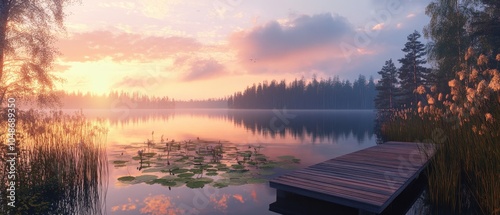 Beautiful lake with a wooden jetty and reeds, a sunset sky, lily pads in the water