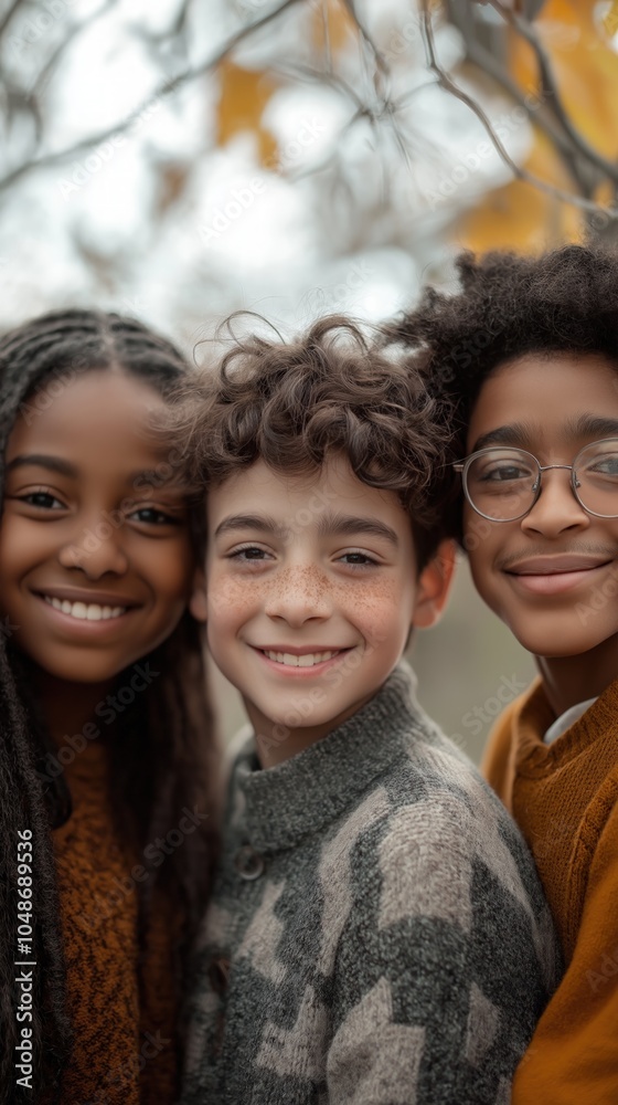 Fototapeta premium Three children share joyful smiles during a playful moment in a park setting
