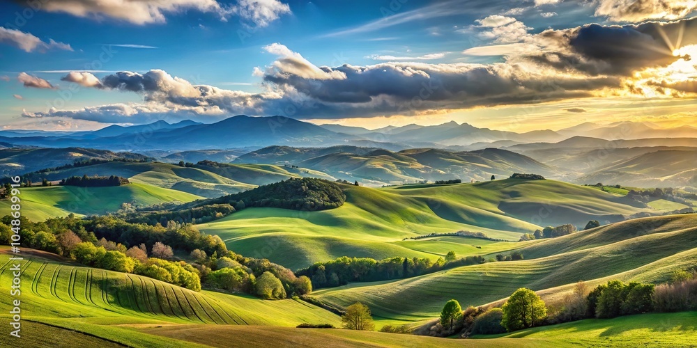 A sweeping landscape of rolling hills and mountains with a vast sky and distant trees, wide vistas, open spaces, hilly landscapes, serene environments A sweeping landscape of rolling hills and mountains with a vast sky and distant trees, wide vistas, open spaces, hilly landscapes, serene environments