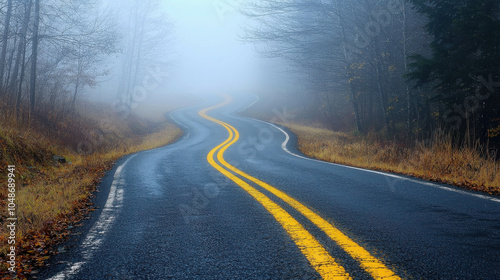 Misty Mountain Road: A winding asphalt road cuts through a dense fog-laden forest, the yellow lines guiding the way into an ethereal mystery. The scene evokes a sense of journey, exploration.