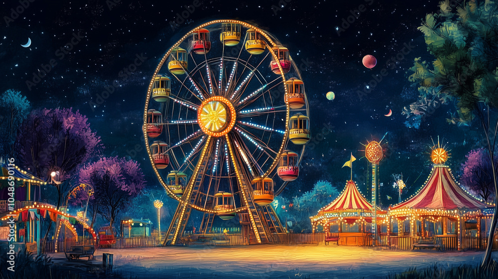 A large Ferris wheel rotates slowly in the amusement park at night, colorful lights are lit in each cabin, emitting beautiful light in the darkness, Ai generated images A large Ferris wheel rotates slowly in the amusement park at night, colorful lights are lit in each cabin, emitting beautiful light in the darkness, Ai generated images