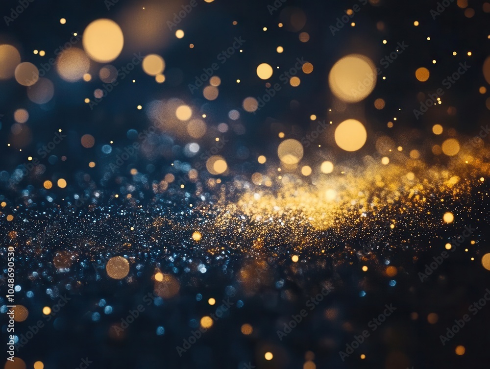 Obraz premium sparkling golden light particles float gracefully over a deep navy blue background, capturing the essence of a festive holiday atmosphere, filled with twinkling lights and a sense of celebration