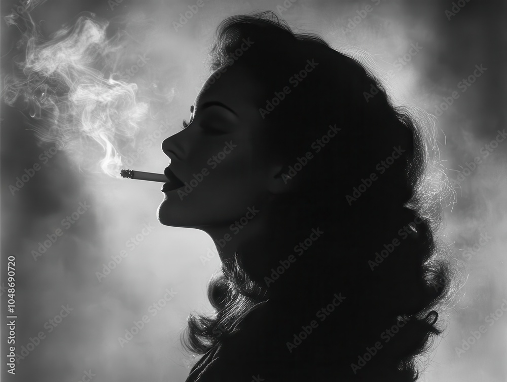 Obraz premium striking black and white portrait of a beautiful woman silhouetted against soft shadows, smoke curling gracefully from her cigarette, evoking a retro, moody atmosphere