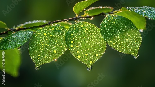 Close-up of green leaves covered in water droplets, glistening in the light, evoking a fresh, vibrant, and organic atmosphere.