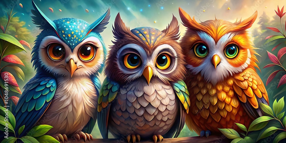 Vibrant Cartoon Owls and Hawk with Lively Expressions and Detailed Feathers Vibrant Cartoon Owls and Hawk with Lively Expressions and Detailed Feathers