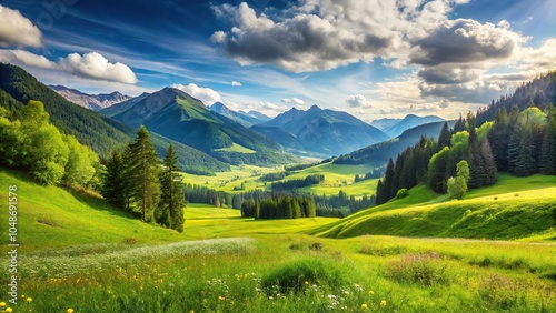 Twilight tranquil scene with verdant meadows in valley