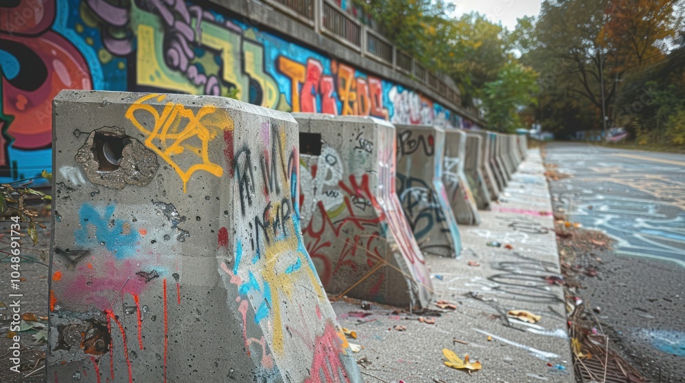 Fototapeta premium Graffiti-covered concrete barriers along a road