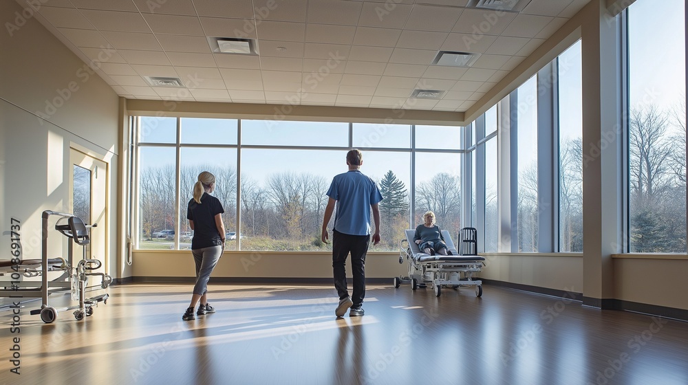 physical therapist assisting a patient with exercises in a spacious rehab center physical therapist assisting a patient with exercises in a spacious rehab center