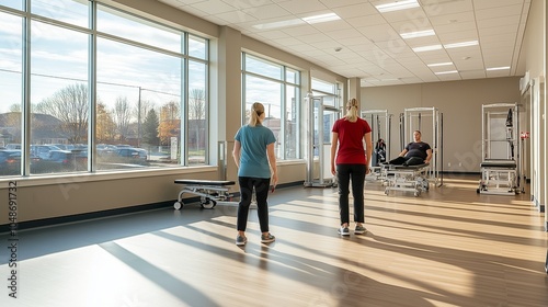 physical therapist assisting a patient with exercises in a spacious rehab center