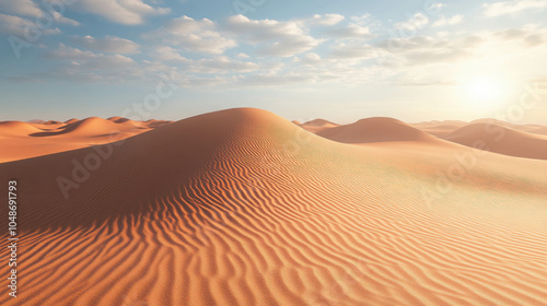 Desert Dunes at Sunset: A panoramic view of endless golden sand dunes stretching towards a breathtaking sunset, with puffy clouds dotting the vibrant blue sky.