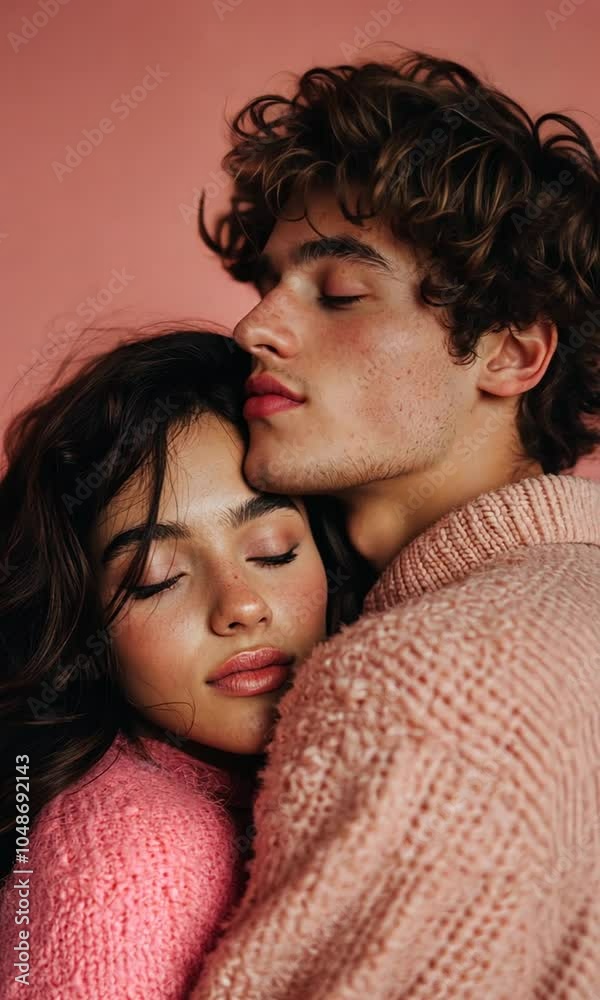 A couple embracing in cozy sweaters against a pink backdrop. A couple embracing in cozy sweaters against a pink backdrop.
