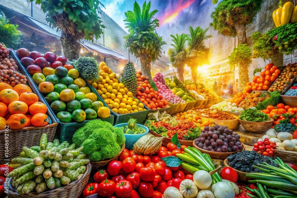 Vibrant Double Exposure of Fruits and Vegetables at a Market – Fresh Produce Display Vibrant Double Exposure of Fruits and Vegetables at a Market – Fresh Produce Display