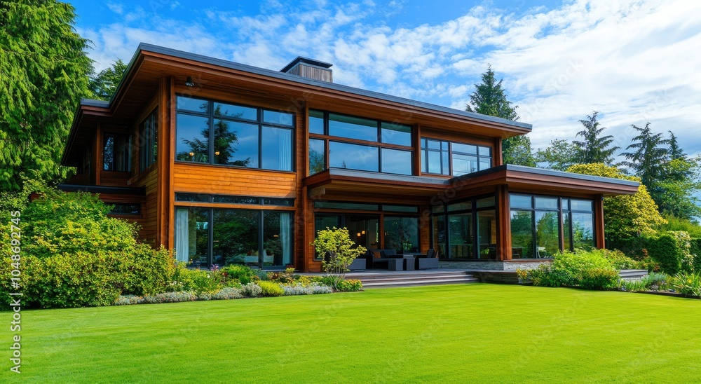 A modern two-story wooden house with large glass windows, surrounded by lush green grass and trees in the backyard of an upscale neighborhood A modern two-story wooden house with large glass windows, surrounded by lush green grass and trees in the backyard of an upscale neighborhood