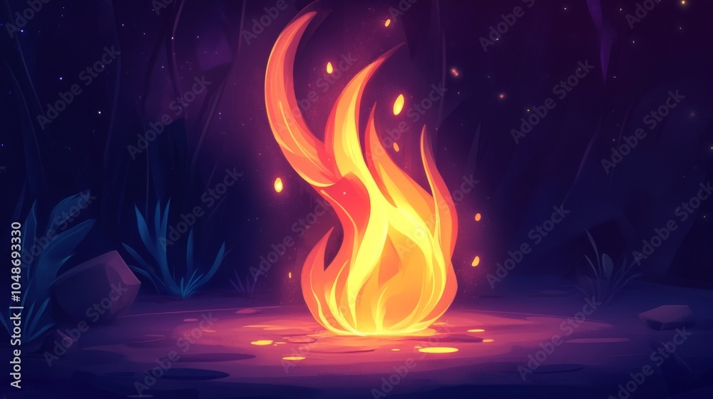 A glowing orange and yellow flame in the middle of a dark forest. A glowing orange and yellow flame in the middle of a dark forest.