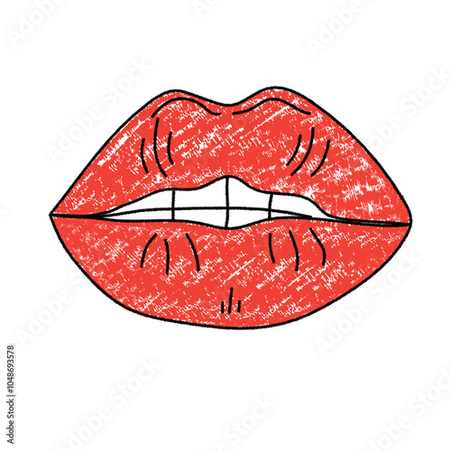 Brush drawn seductive red female lips. Romantic print for valentines day. Elegant minimal line stroke style. Vector chalk graphic element