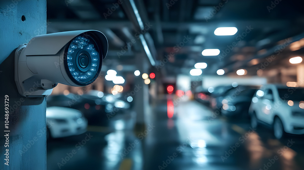A close-up view of a modern security camera in a parking garage, capturing a clear image of the surroundings. The camera is equipped with night vision, providing surveillance in low-light conditions A close-up view of a modern security camera in a parking garage, capturing a clear image of the surroundings. The camera is equipped with night vision, providing surveillance in low-light conditions