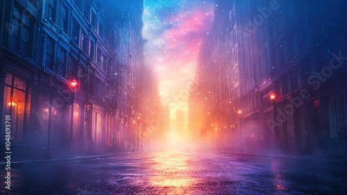 Vibrant city street scene with colorful sky at dawn, showcasing stunning reflections on wet pavement