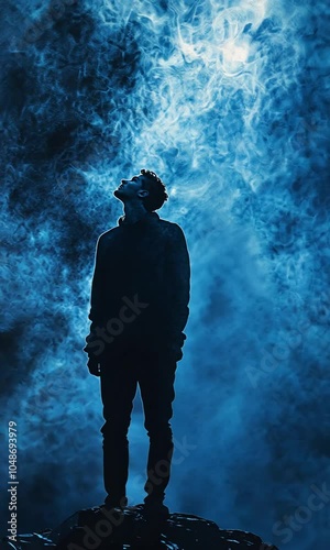Silhouette of a person against a blue smoky background.
