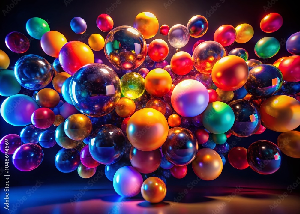 Fototapeta premium Vibrant Self-Illuminated Spheres Colliding in a Dark Scene - Stunning Drone Photography of 3D Animation Dynamics