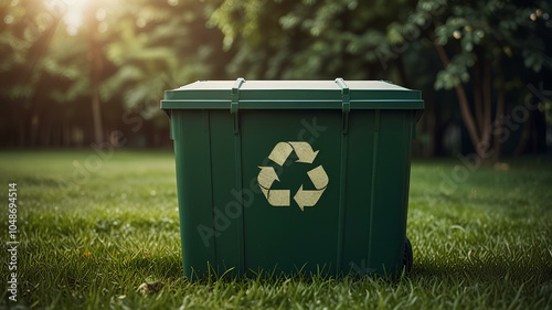 Trash dumpster and clean nature background mockup for environmental, awareness and sustainability concept. Green grass, mockup and symbol with copyspace for Earth Day.