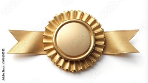 A blank golden award rosette with a gold ribbon and a circular empty space in the center for text or design