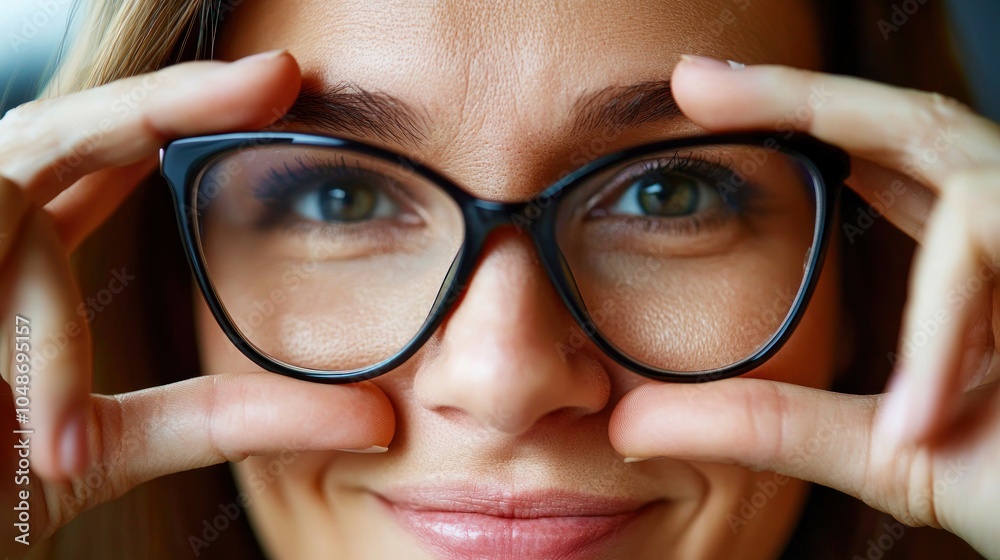 Fototapeta premium Mature woman wears eyeglasses looking at camera through joined fingers showing heart symbol, close up. Advertises eyewear store, laser vision correction, health check-up, cardio vitamins, sign of love