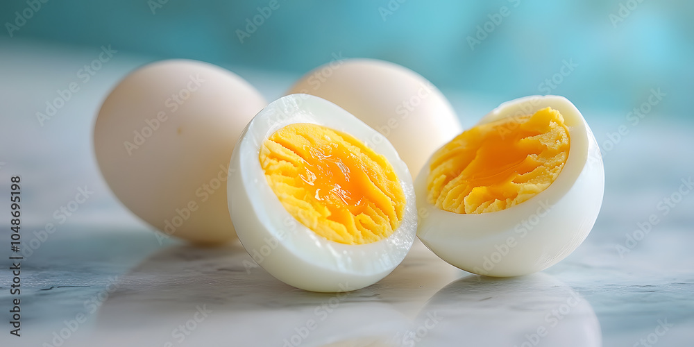 Boiled eggs cut in half on a clean textured background, showcasing soft yolks and smooth whites, perfect for breakfast or healthy meal concepts. Boiled eggs cut in half on a clean textured background, showcasing soft yolks and smooth whites, perfect for breakfast or healthy meal concepts.