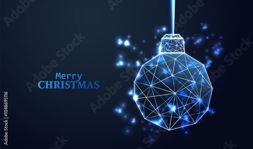 Merry Christmas technology wireframe ball design. Futuristic happy holiday card with blue neon low poly bauble vector background. Happy New Year invitation.