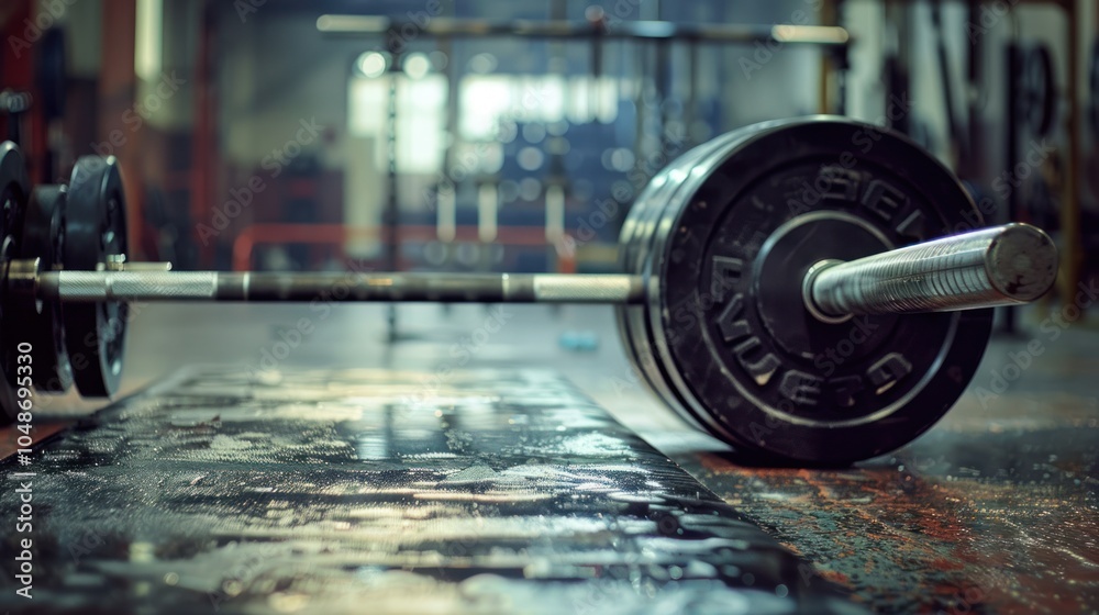Close-up of a Barbell with Weight Plates in a Gym Close-up of a Barbell with Weight Plates in a Gym