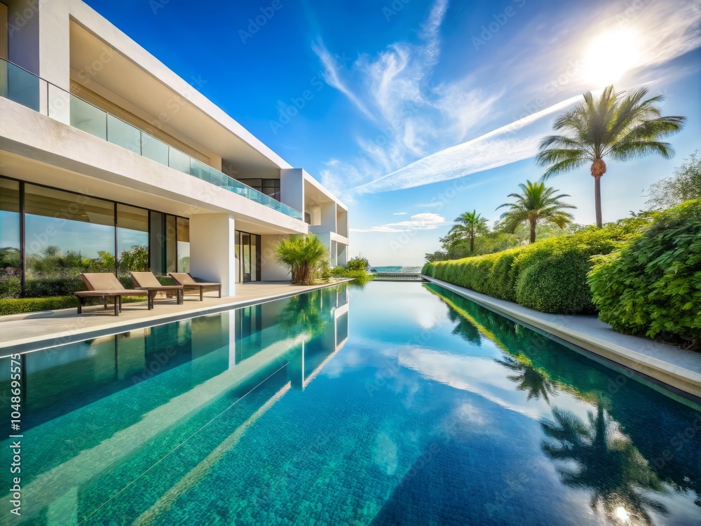 Serene Long Pool with White Building in Background, Stunning Architectural Reflection, Tranquil Waters, Luxury Resort Vibes, Clear Blue Sky, Summer Escape, Outdoor Oasis Serene Long Pool with White Building in Background, Stunning Architectural Reflection, Tranquil Waters, Luxury Resort Vibes, Clear Blue Sky, Summer Escape, Outdoor Oasis