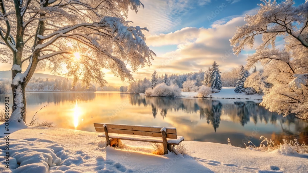 custom made wallpaper toronto digitalSerene Winter Landscape with a Cozy Bench by the Lake, Snow-Covered Trees, Tranquil Reflections, Scenic Nature View, Peaceful Winter Escape, Crisp Air, Calm Waters