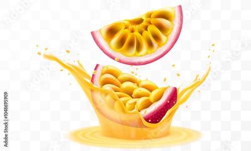 Exotic, tropical passion fruit falls in splash of juice or smoothie, splash of vitamin cocktail with drops, juice splash with ripe purple passion fruit. Realistic 3d vector illustration