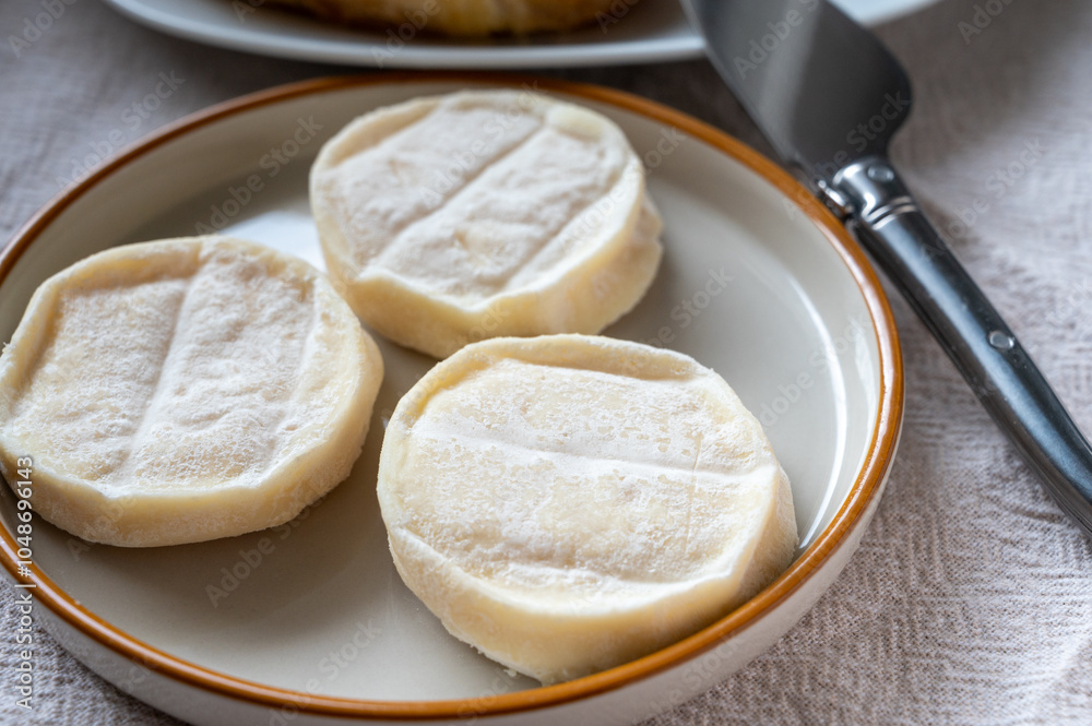 Rocamadour or cabecous soft goat AOC cheese with soft rind produced on farm in Perigord and Quercy on farmers market, departement Lot, France Rocamadour or cabecous soft goat AOC cheese with soft rind produced on farm in Perigord and Quercy on farmers market, departement Lot, France