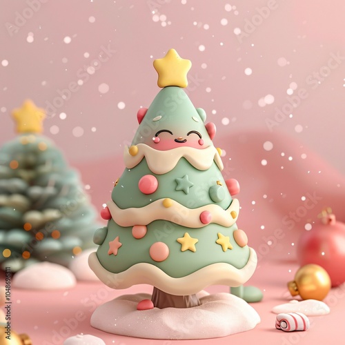 Christmas theme of Pastel Cartoon Christmas Tree, a charming 3D clay design featuring vibrant colors and a whimsical style, perfect for festive decor.