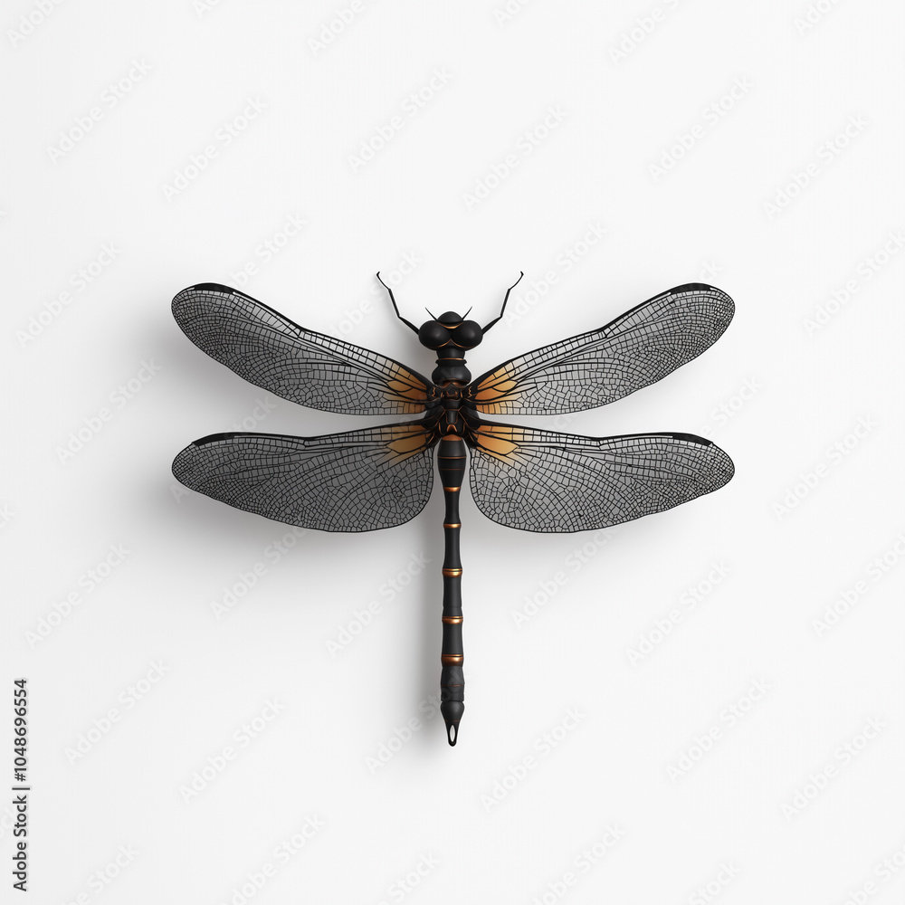 Elegant Dragonfly with Black and Yellow Wings Resting on White Background Elegant Dragonfly with Black and Yellow Wings Resting on White Background