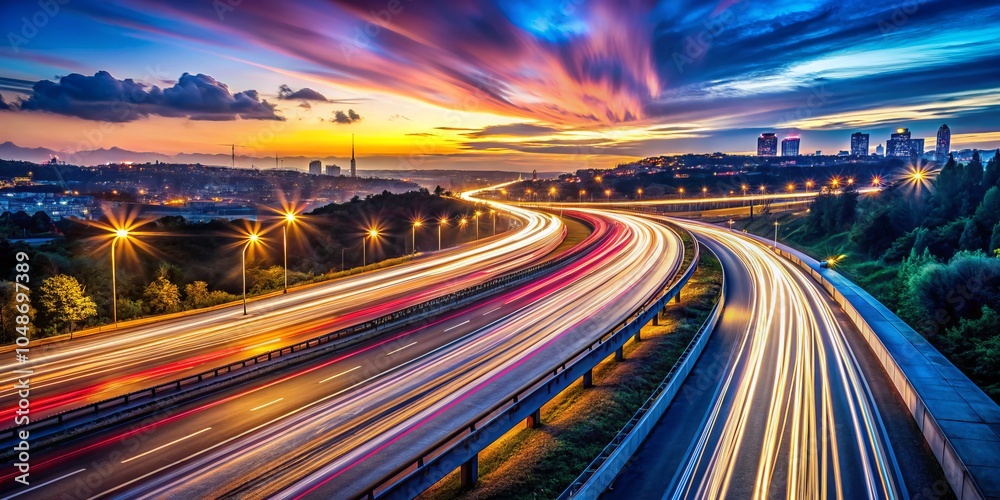 Fototapeta premium Speeding Through Night: Light Trails on Highway, Motion Blur, Fast Movement, Abstract Conceptual Landscape Photography, Nighttime Road, Urban Landscape, Long Exposure Art