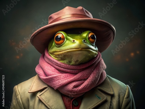 Portrait of a Frog in a Pink Hat and Scarf with Green Jacket on Dark Background - Creative Animal Photography, Unique Frog Portrait, Stylish Frog Fashion