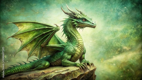 Vintage Green Dragon on White Background - Enchanting Mythical Creature Photography for Fantasy Lovers